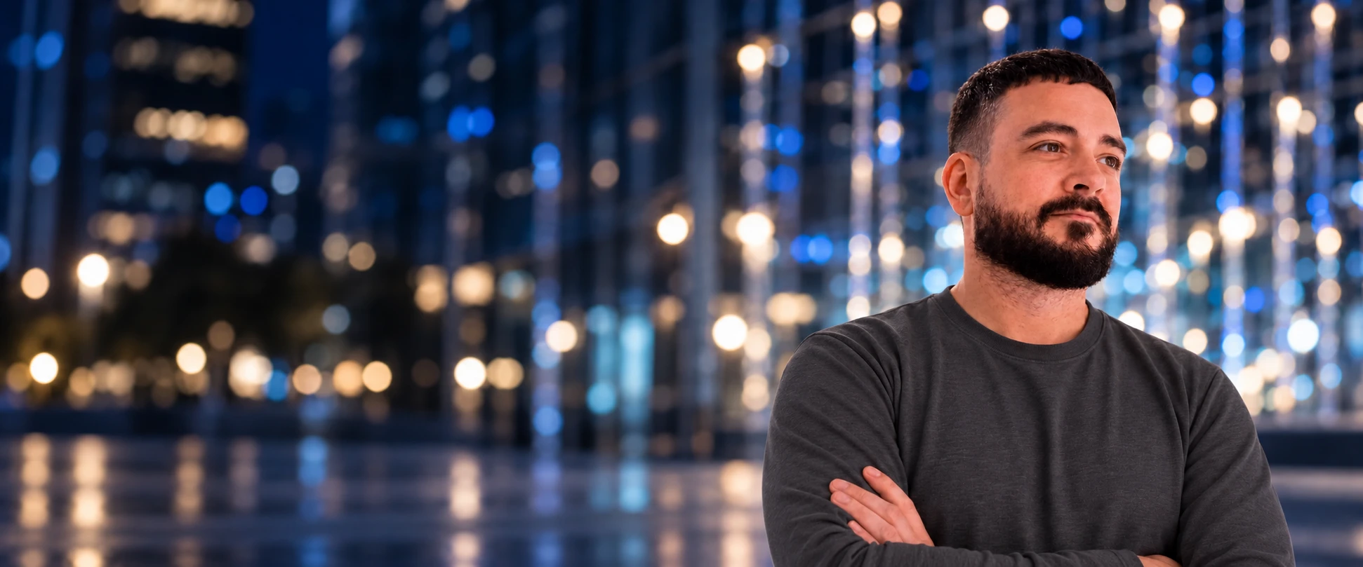 Wes in a charcoal top with his arms folded, against a softly lit city background